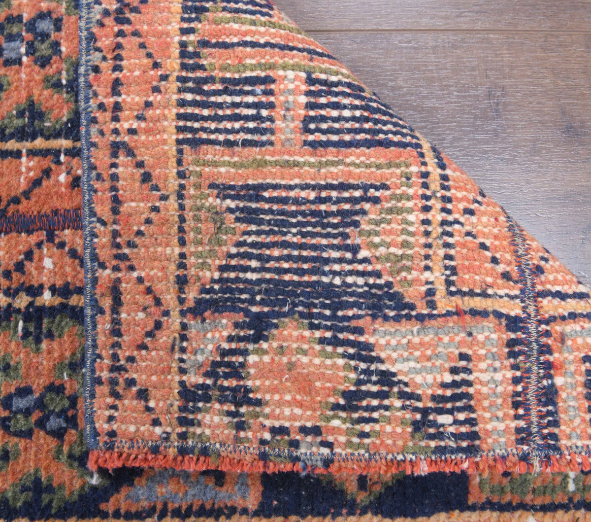 El yapımı vintage yolluk 43x335 cm oryantal desenli yün - kenar ve saçak detayı