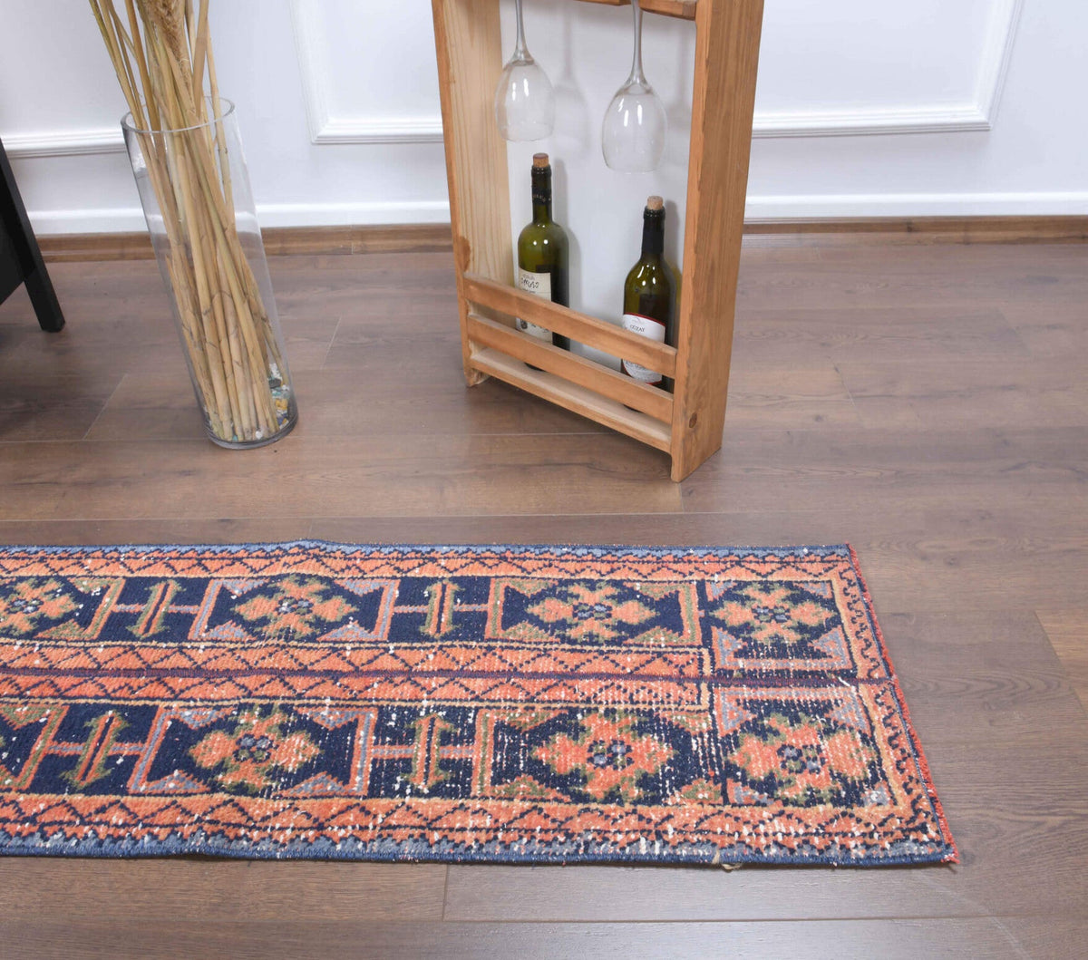 El yapımı vintage yolluk 43x335 cm oryantal desenli yün - üstten görünüm