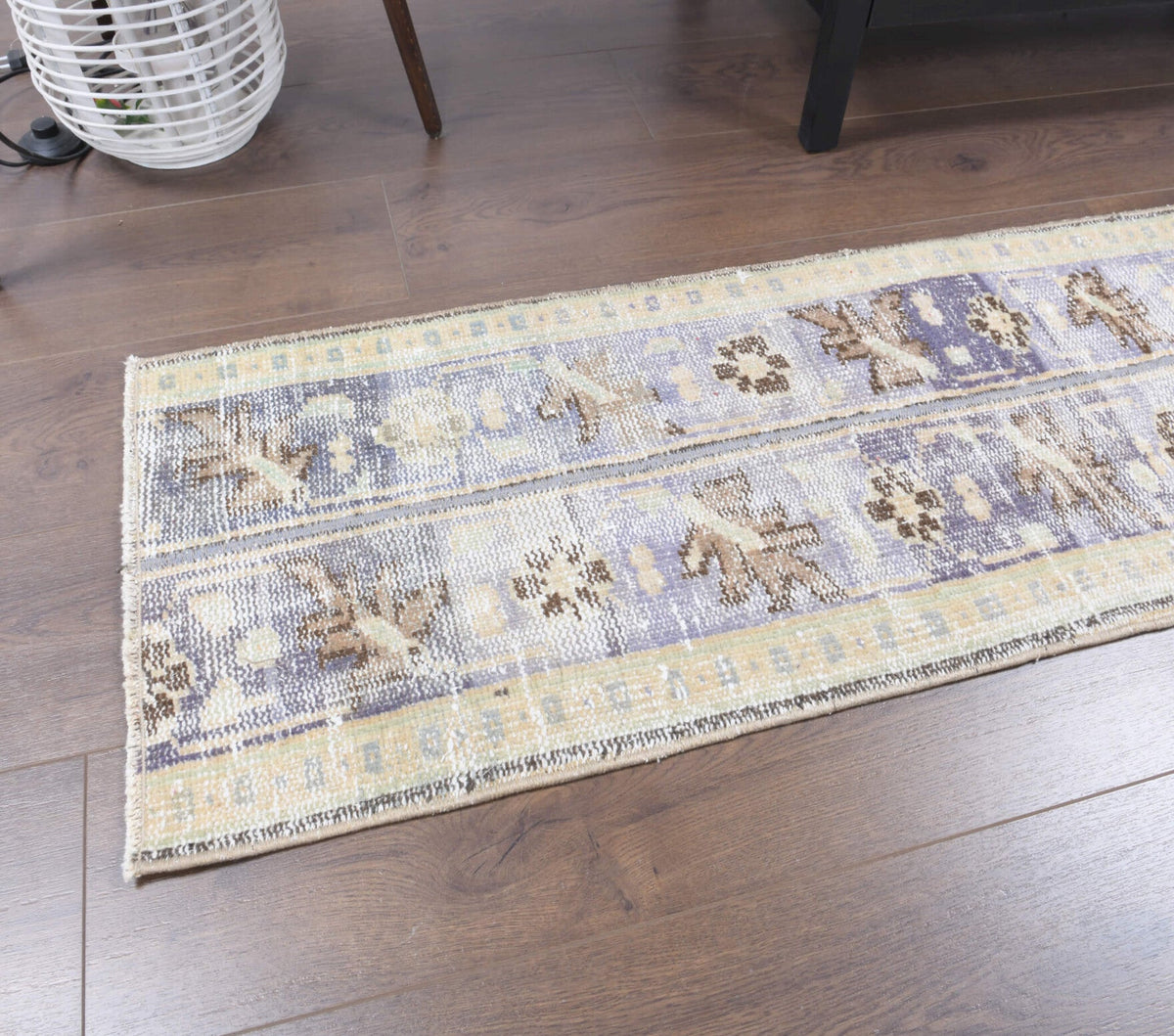 El yapımı vintage yolluk 43x213 cm oryantal desenli yün - yakın çekim doku detayı