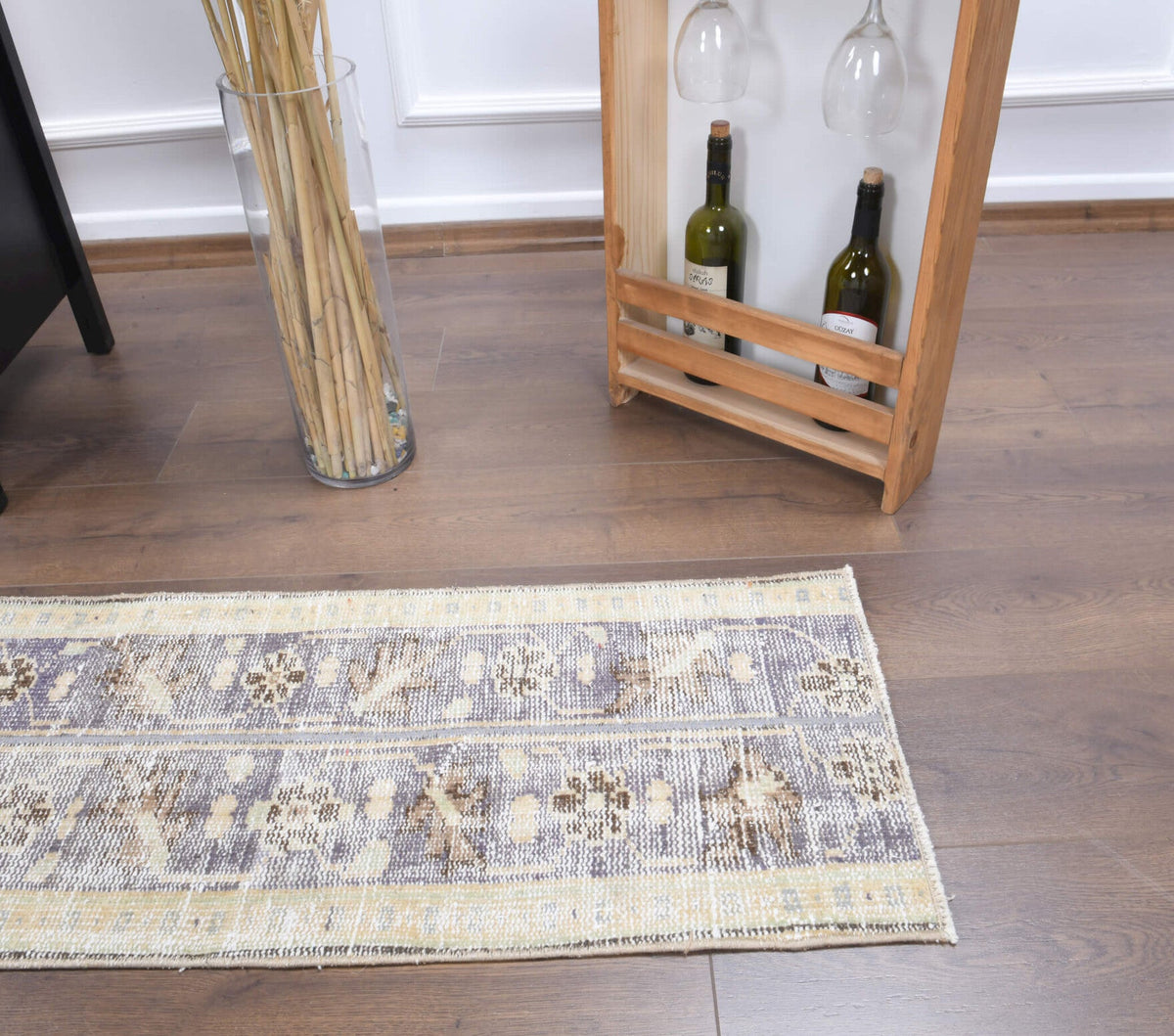 El yapımı vintage yolluk 43x213 cm oryantal desenli yün - üstten görünüm