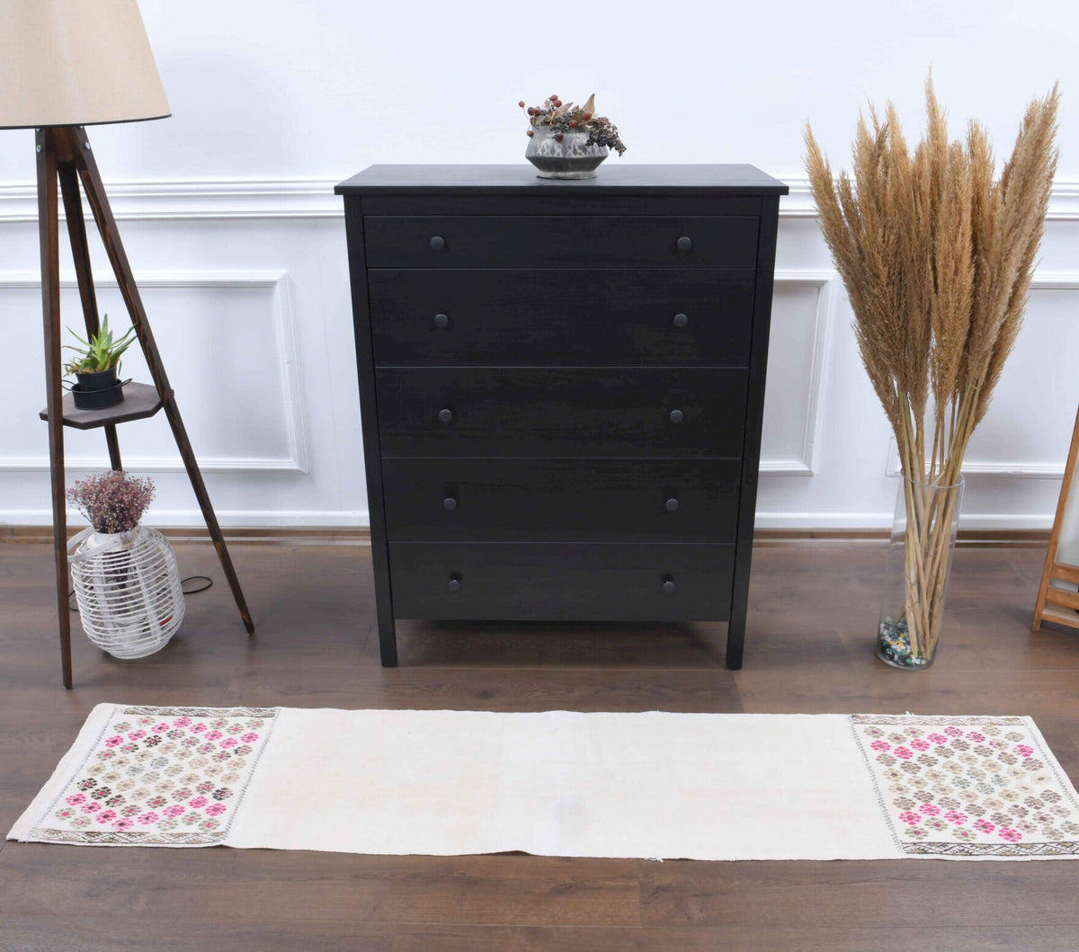 El yapımı vintage yolluk 43x213 cm oryantal desenli yün - yakın çekim doku detayı