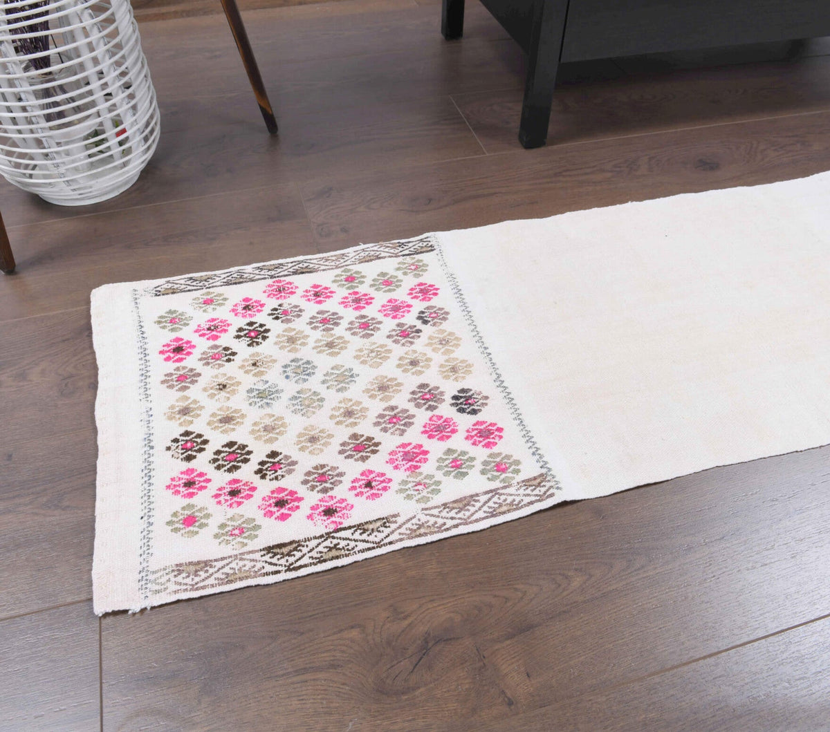 El yapımı vintage yolluk 43x213 cm oryantal desenli yün - kenar ve saçak detayı