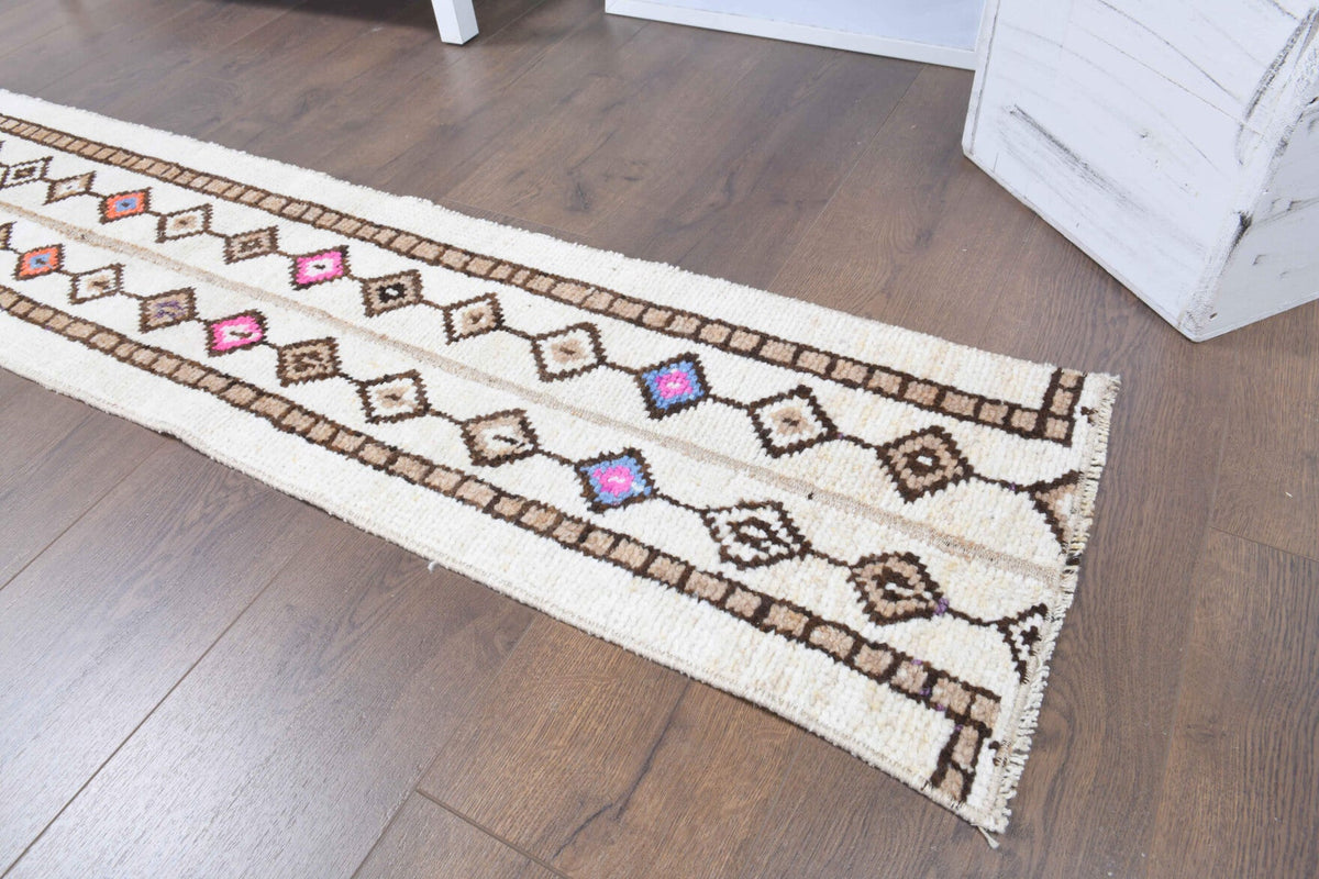 El yapımı vintage yolluk 36x279 cm i̇kat desenli yün - kenar ve saçak detayı