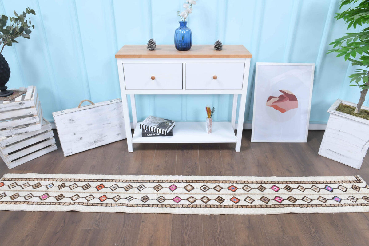 El yapımı vintage yolluk 36x279 cm i̇kat desenli yün - açık alan görünümü