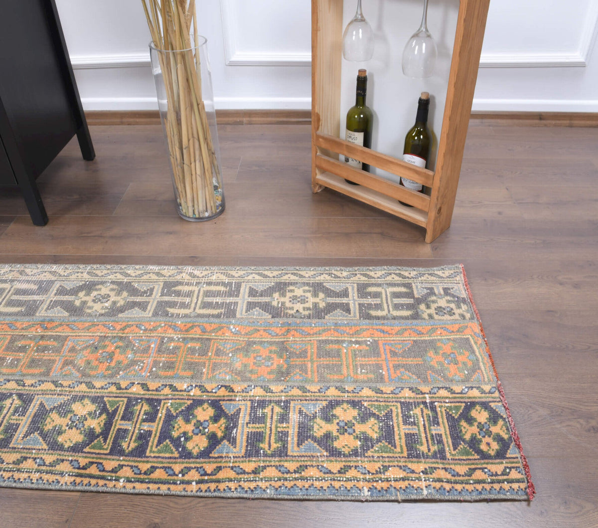 El yapımı vintage yolluk 61x315 cm i̇kat desenli yün - üstten görünüm