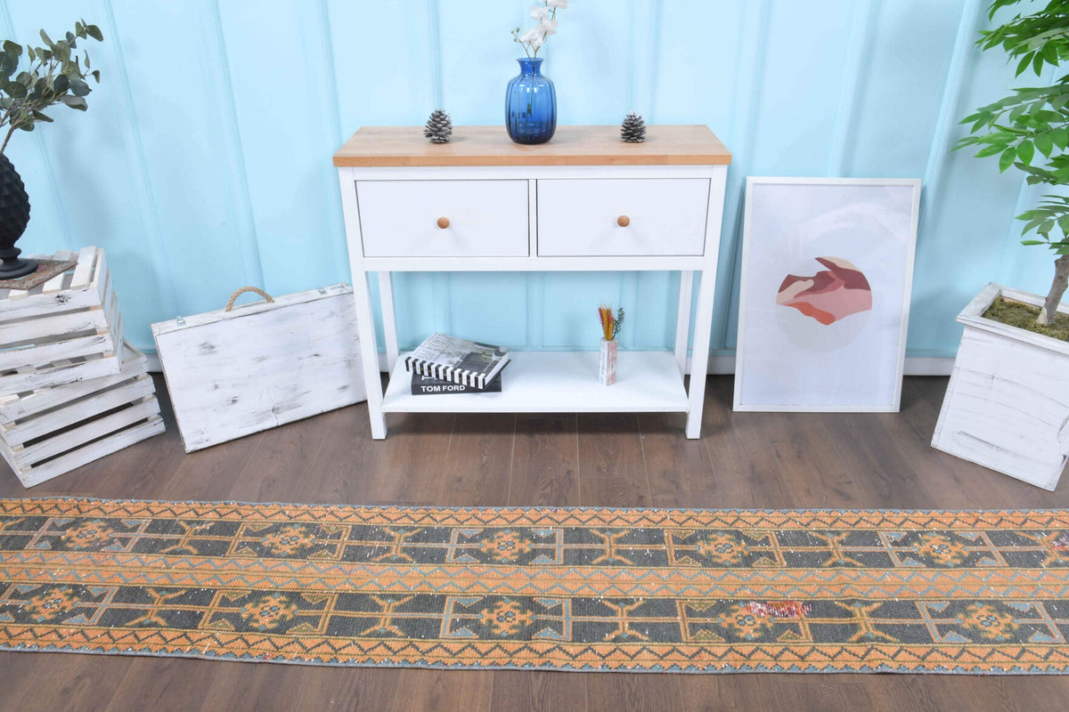 El yapımı vintage yolluk 51x295 cm oryantal desenli yün - yakın çekim doku detayı