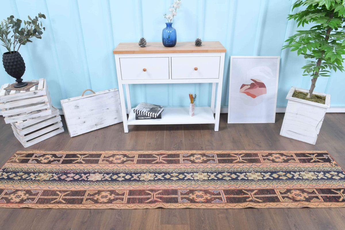 El yapımı vintage yolluk 64x292 cm i̇kat desenli yün - yakın çekim doku detayı
