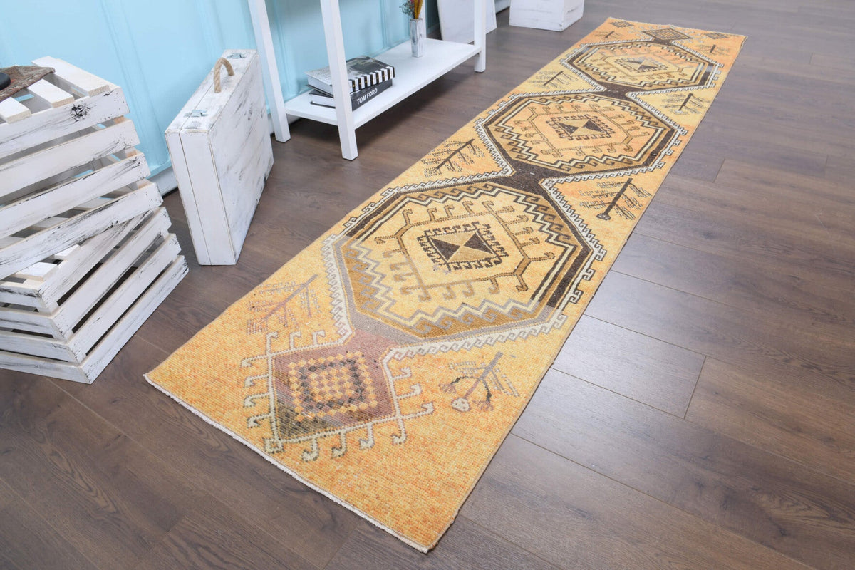 El yapımı vintage yolluk 74x302 cm tribal desenli yün - kenar ve saçak detayı