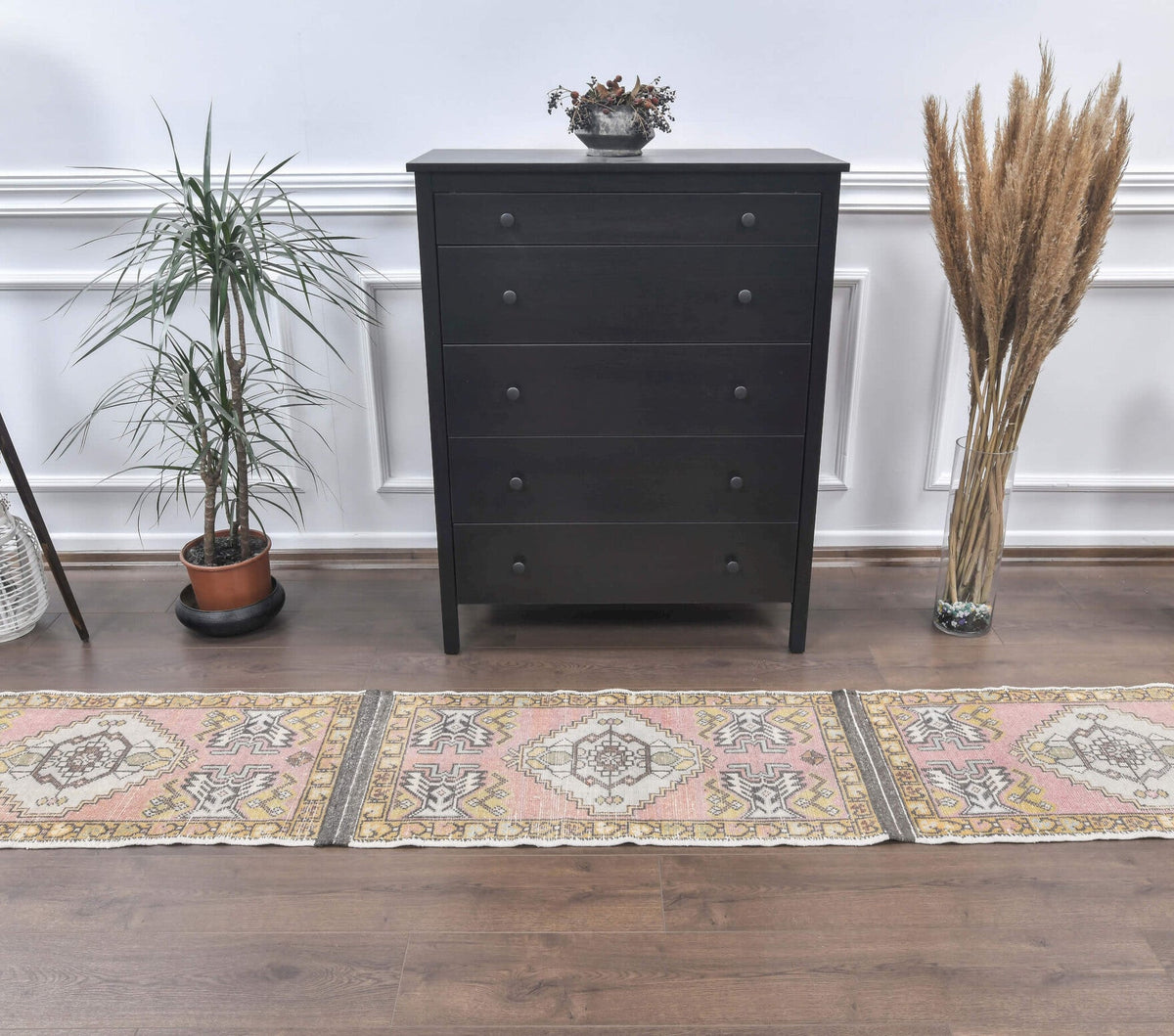 El yapımı vintage yolluk 51x315 cm oryantal desenli yün - yakın çekim doku detayı