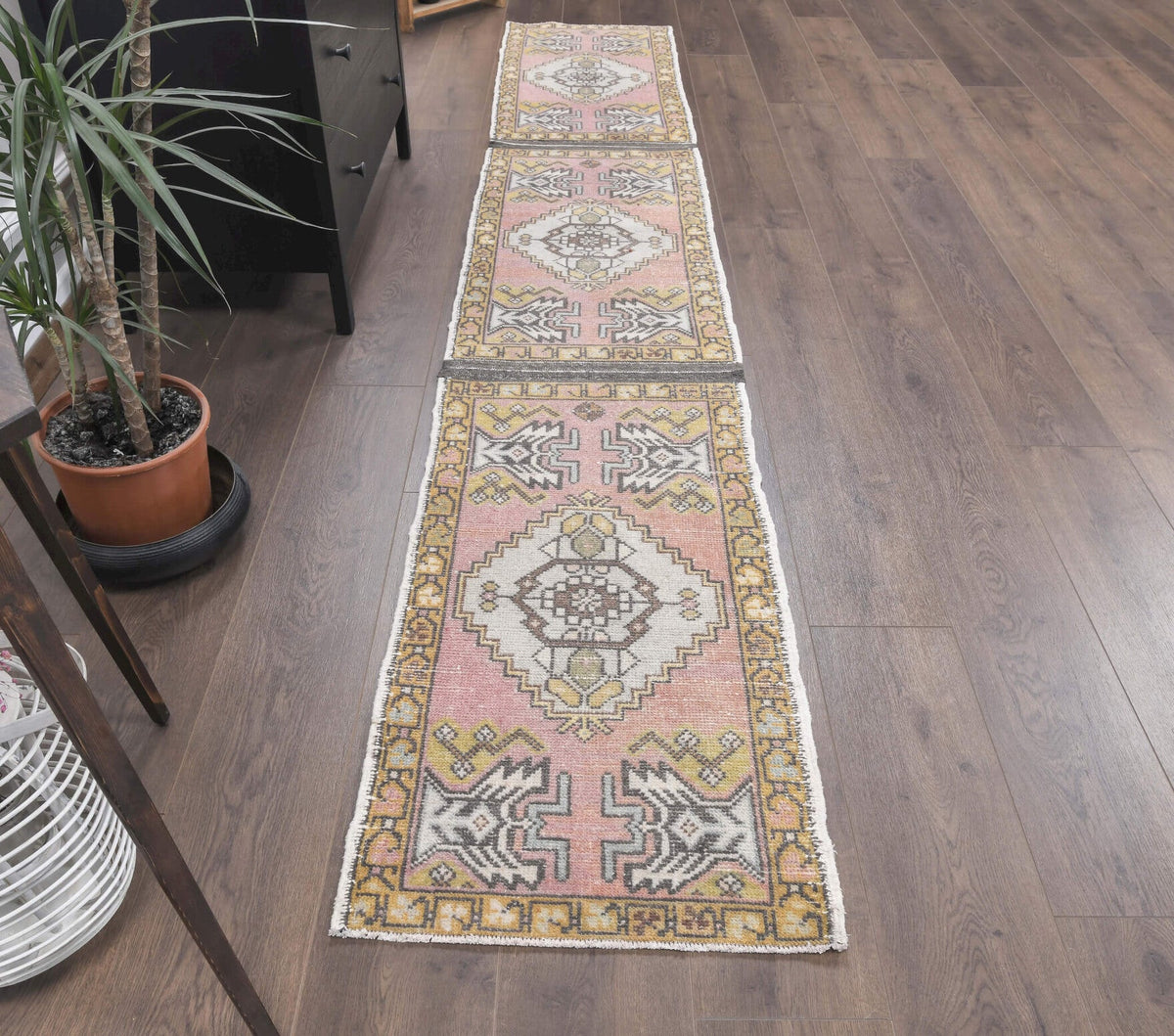 El yapımı vintage yolluk 51x315 cm oryantal desenli yün - kenar ve saçak detayı