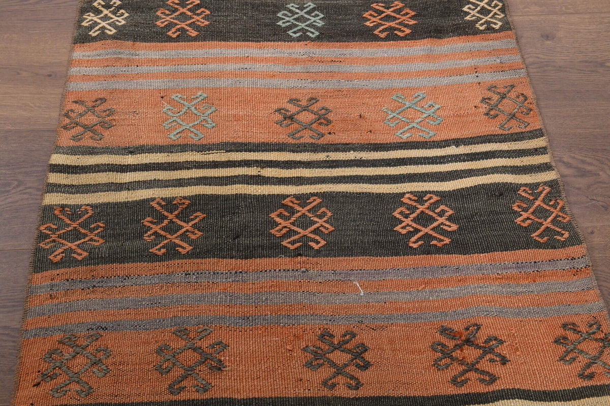 El yapımı vintage yolluk 71x292 cm çizgili desenli yün - kenar ve saçak detayı