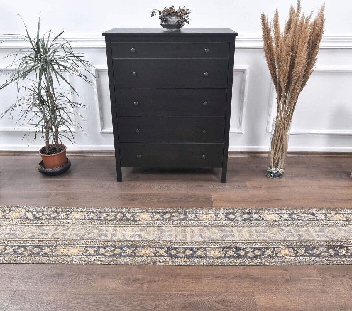 El yapımı vintage yolluk 56x290 cm tribal desenli yün - detay görünümü