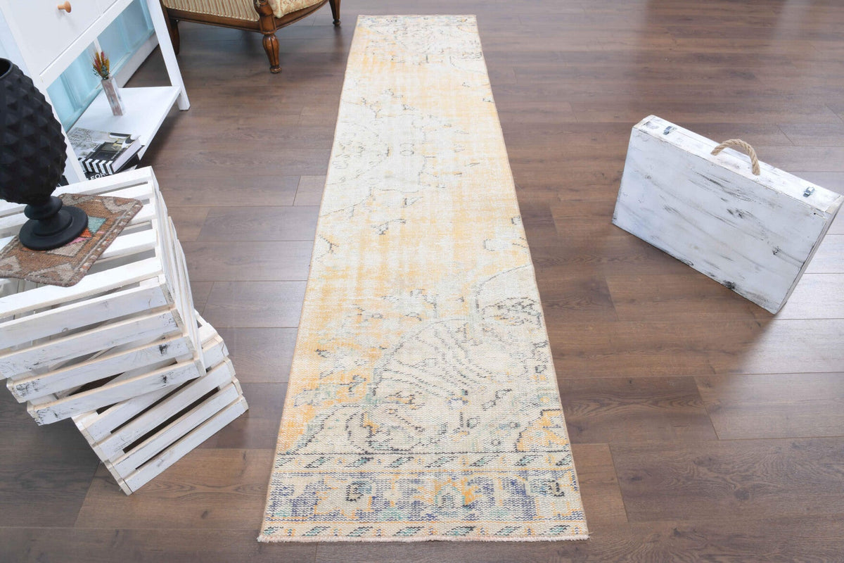 El yapımı vintage yolluk 71x302 cm çiçek desenli desenli yün - ışık altında renk detayı