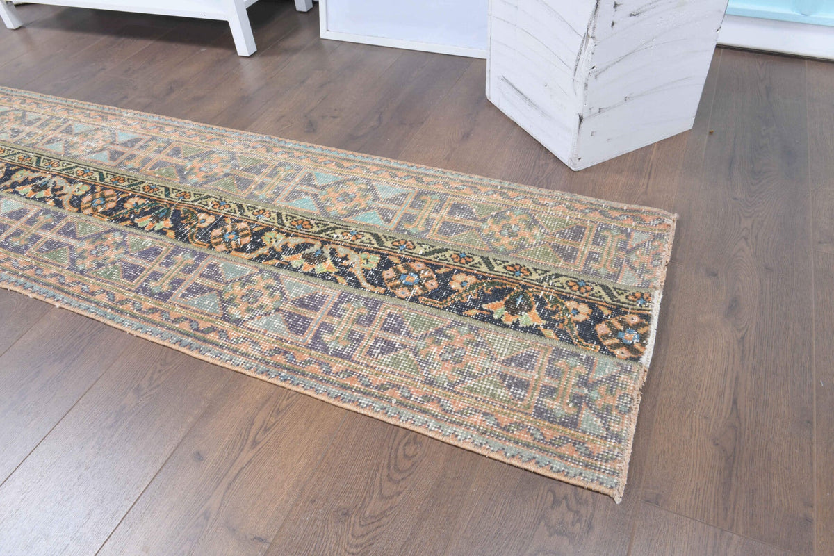 El yapımı vintage yolluk 56x338 cm i̇kat desenli yün - yakın çekim doku detayı