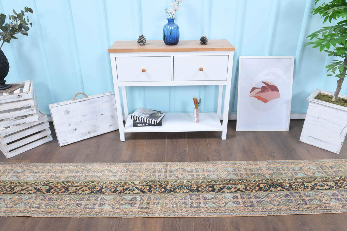 El yapımı vintage yolluk 56x338 cm i̇kat desenli yün - üstten görünüm