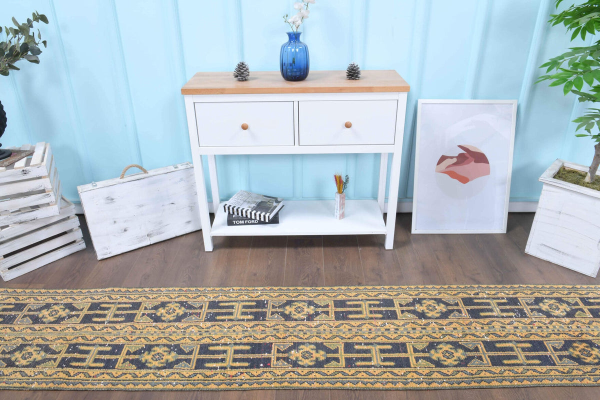El yapımı vintage yolluk 56x325 cm i̇kat desenli yün - detay görünümü