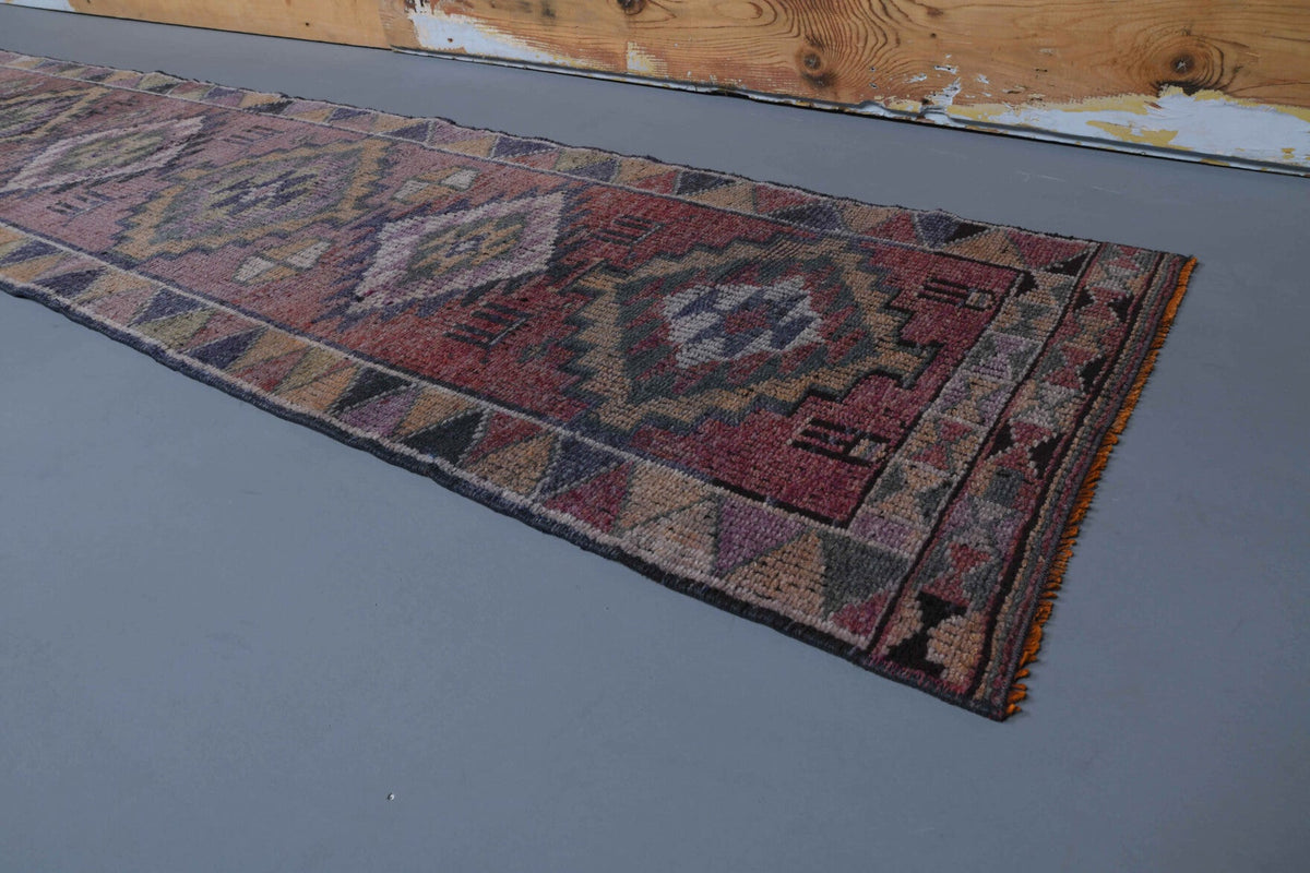 El yapımı vintage yolluk 74x338 cm geometrik desenli yün - kenar ve saçak detayı