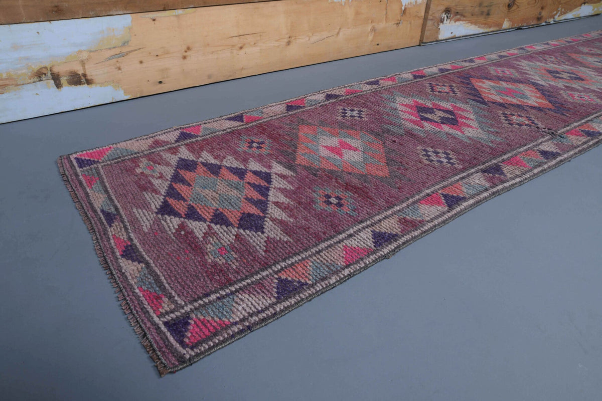 El yapımı vintage yolluk 74x330 cm i̇kat desenli yün - yakın çekim doku detayı