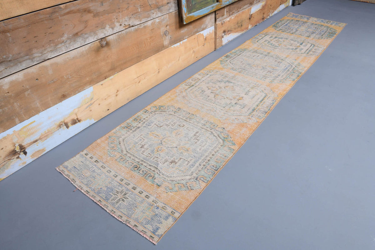 El yapımı vintage yolluk 74x340 cm oryantal desenli yün - yakın çekim doku detayı