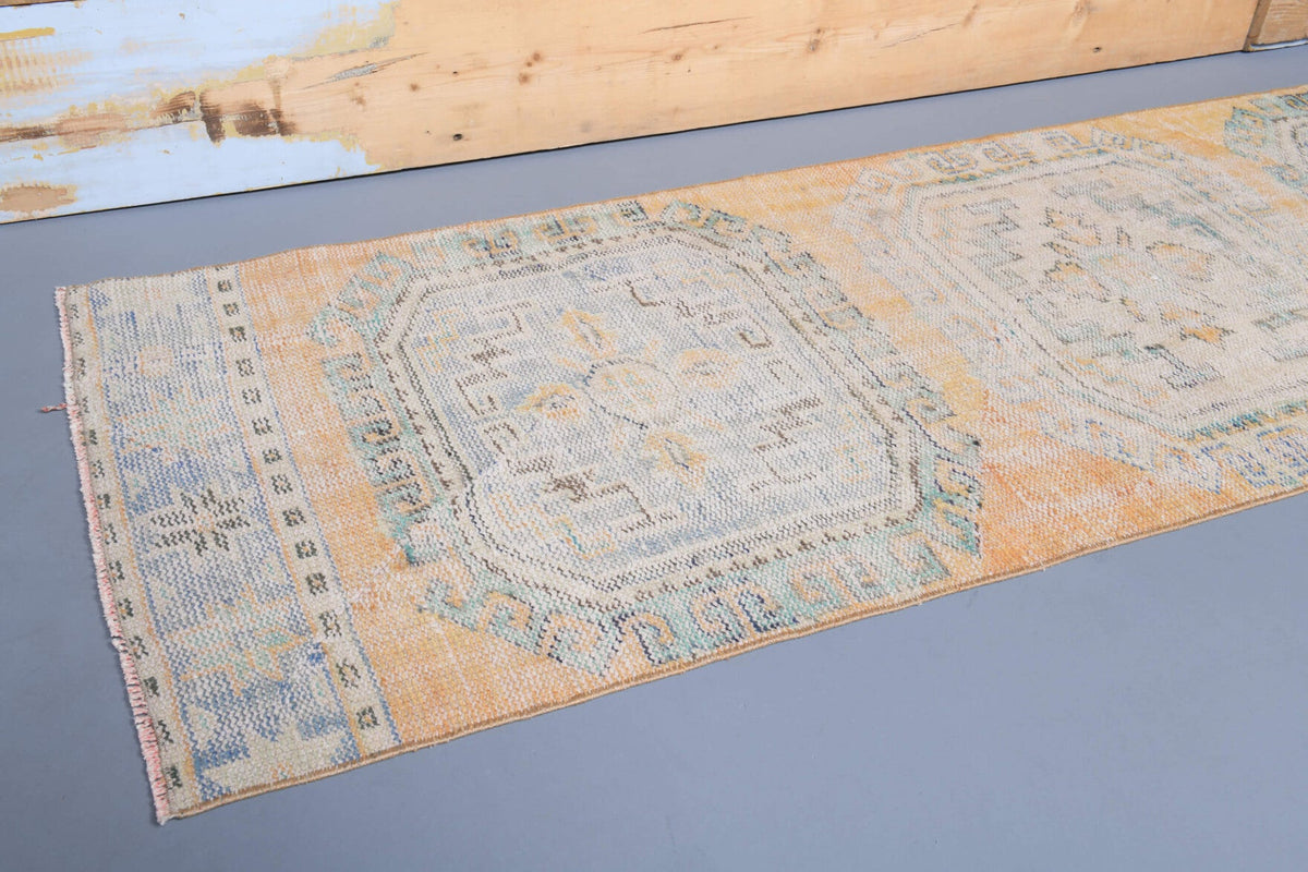 El yapımı vintage yolluk 74x340 cm oryantal desenli yün - kenar ve saçak detayı