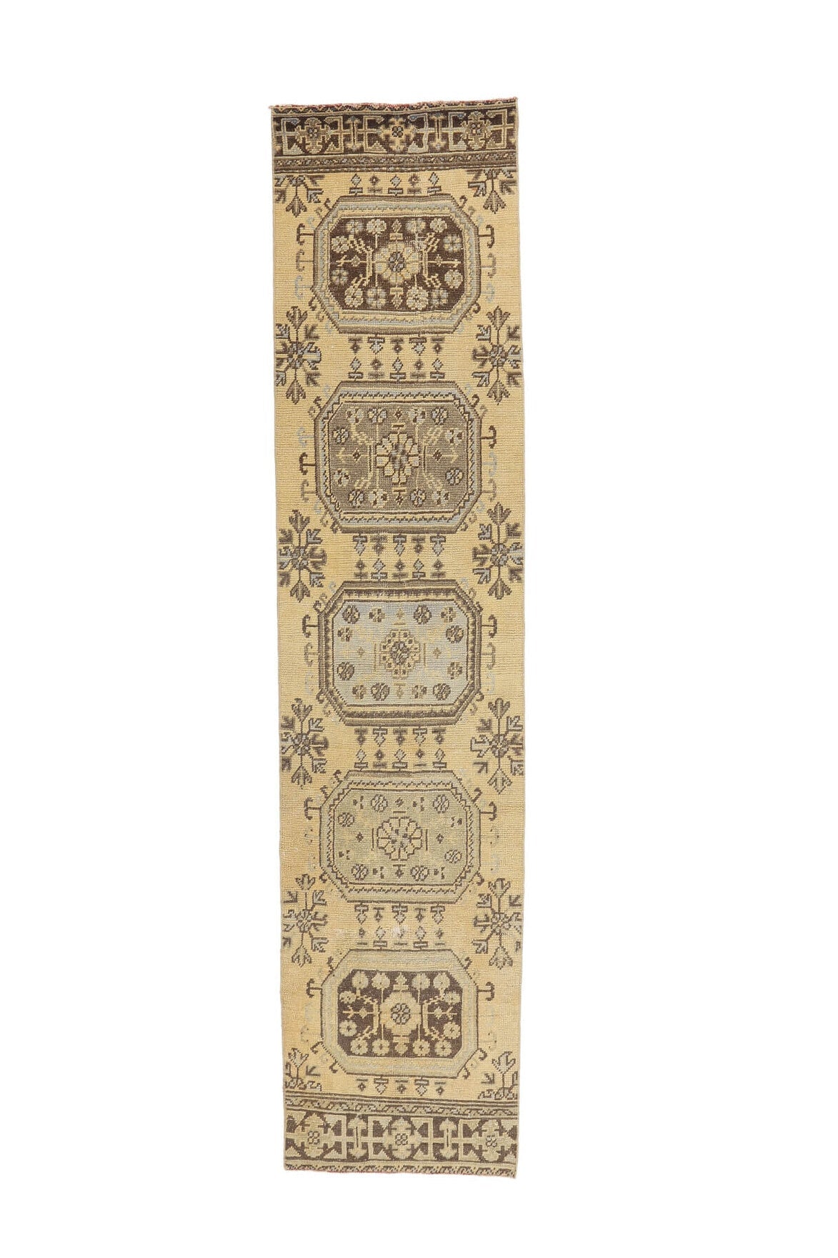 El yapımı vintage yolluk 74x323 cm çiçek desenli desenli yün - üstten görünüm