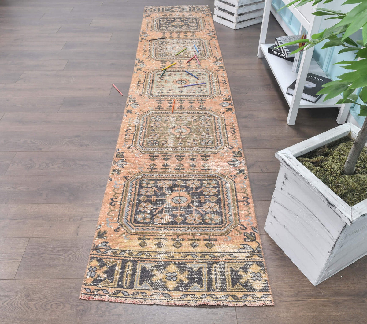 El yapımı vintage yolluk 71x338 cm çiçek desenli desenli yün - detay görünümü