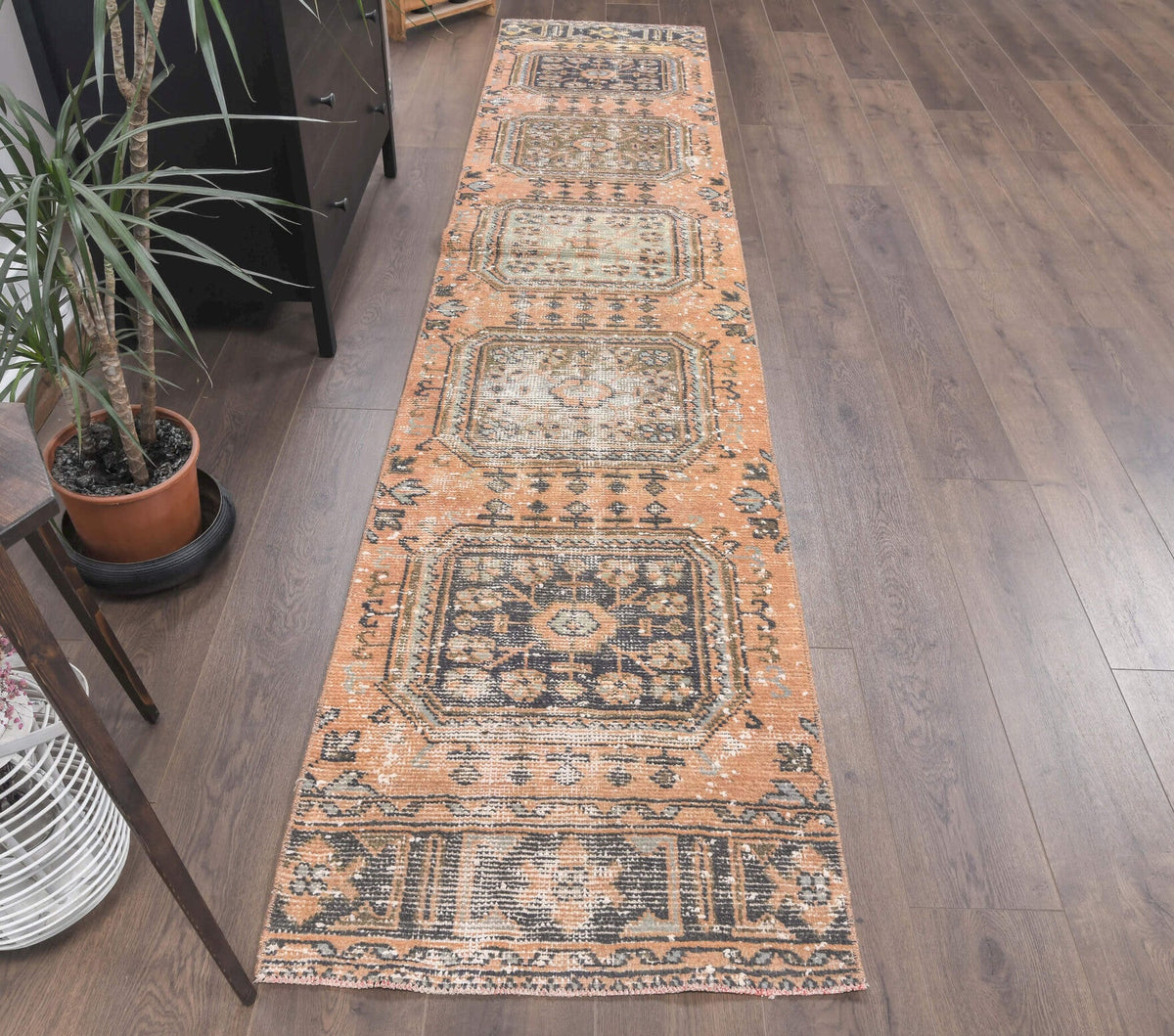 El yapımı vintage yolluk 71x338 cm çiçek desenli desenli yün - kenar ve saçak detayı