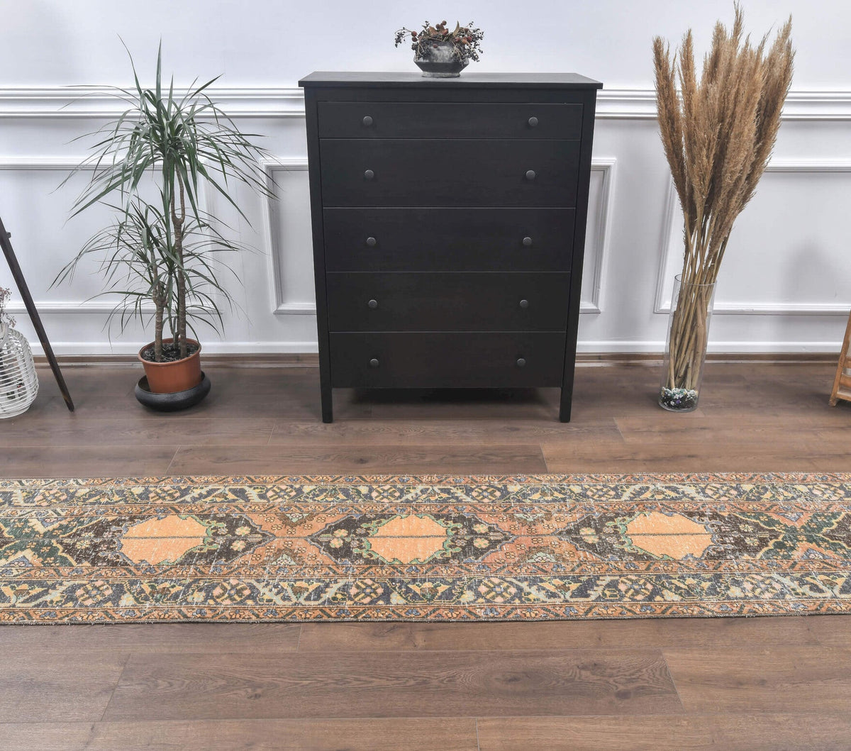 El yapımı vintage yolluk 64x345 cm i̇kat desenli yün - detay görünümü