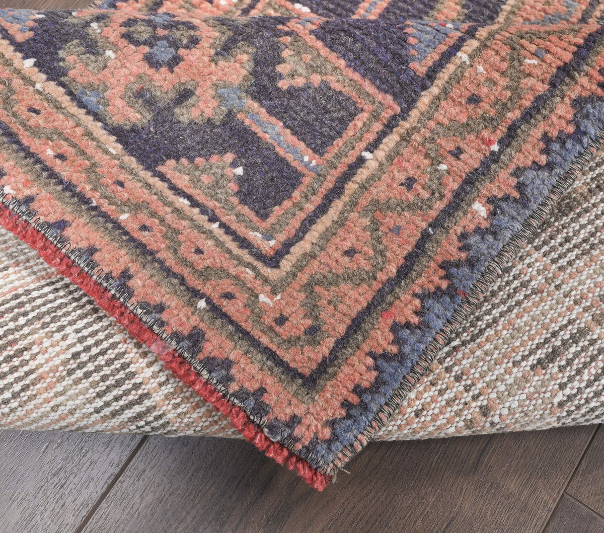 El yapımı vintage yolluk 56x330 cm patchwork desenli yün - kenar ve saçak detayı
