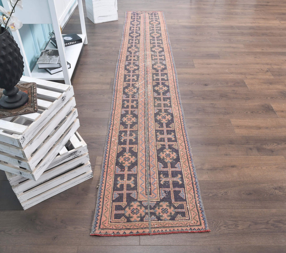 El yapımı vintage yolluk 56x330 cm patchwork desenli yün - üstten görünüm