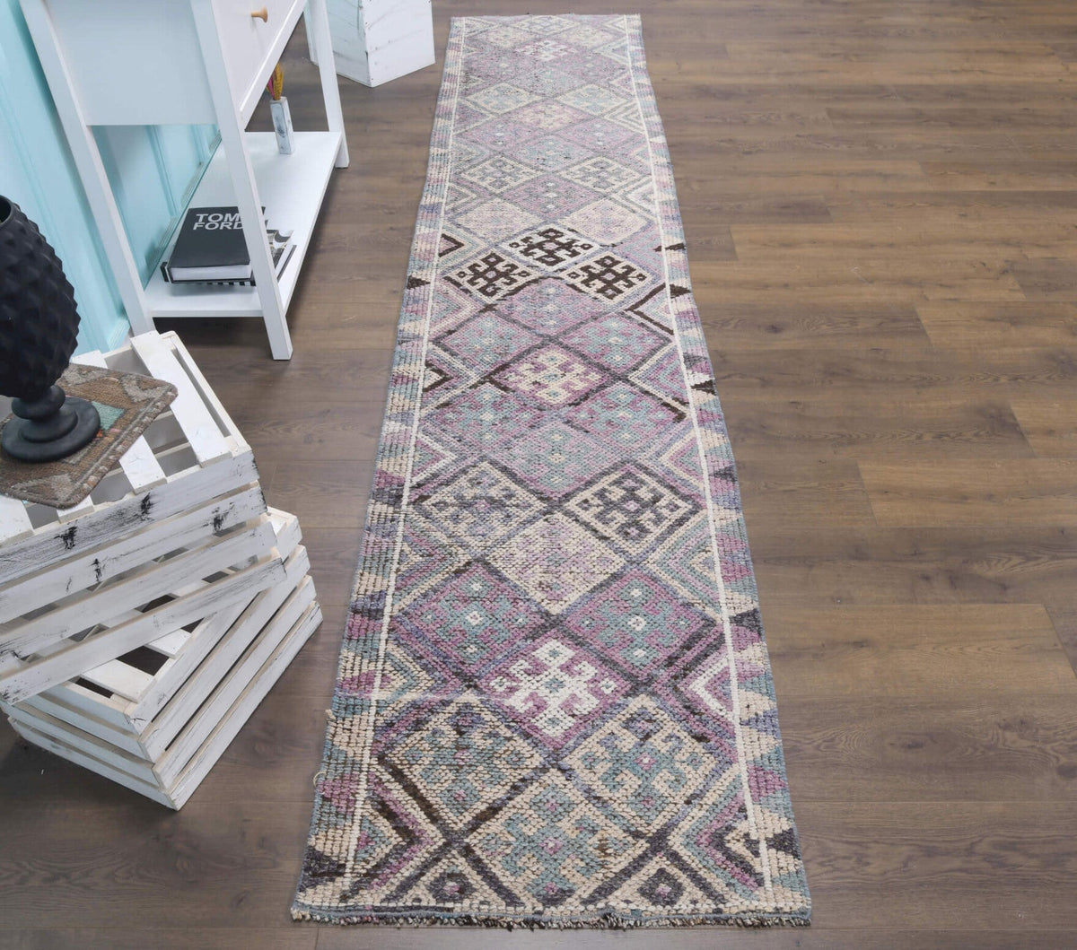 El yapımı vintage yolluk 74x351 cm geometrik desenli yün - farklı açıdan görünüm