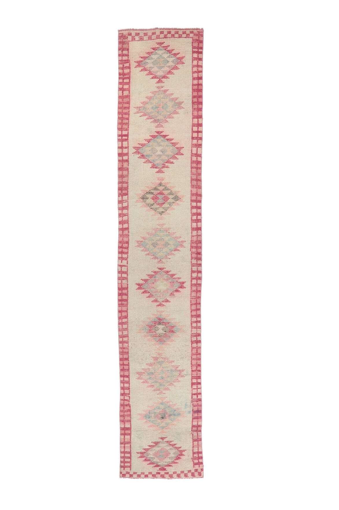 El yapımı vintage yolluk 74x391 cm geometrik desenli yün - açık alan görünümü