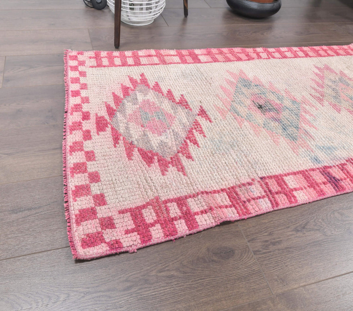 El yapımı vintage yolluk 74x391 cm geometrik desenli yün - kenar ve saçak detayı