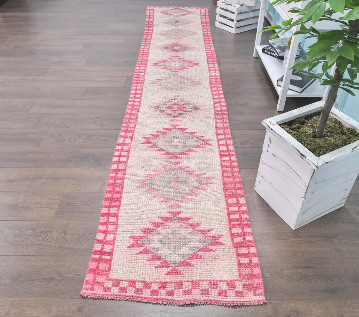 El yapımı vintage yolluk 74x391 cm geometrik desenli yün - üstten görünüm