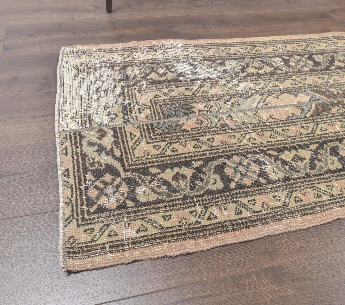 El yapımı vintage yolluk 74x381 cm i̇kat desenli yün - kenar ve saçak detayı