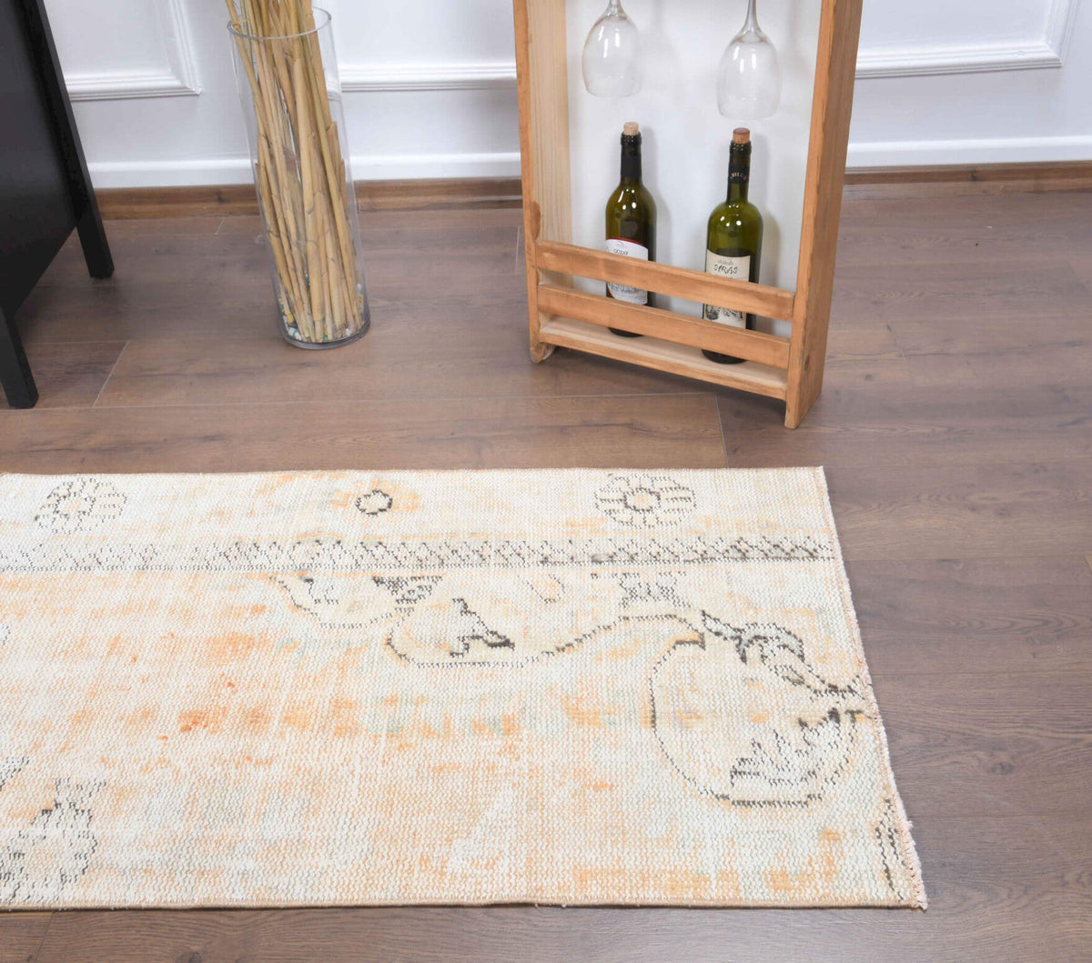 El yapımı vintage halı 66x135 cm soyut desenli yün - üstten görünüm