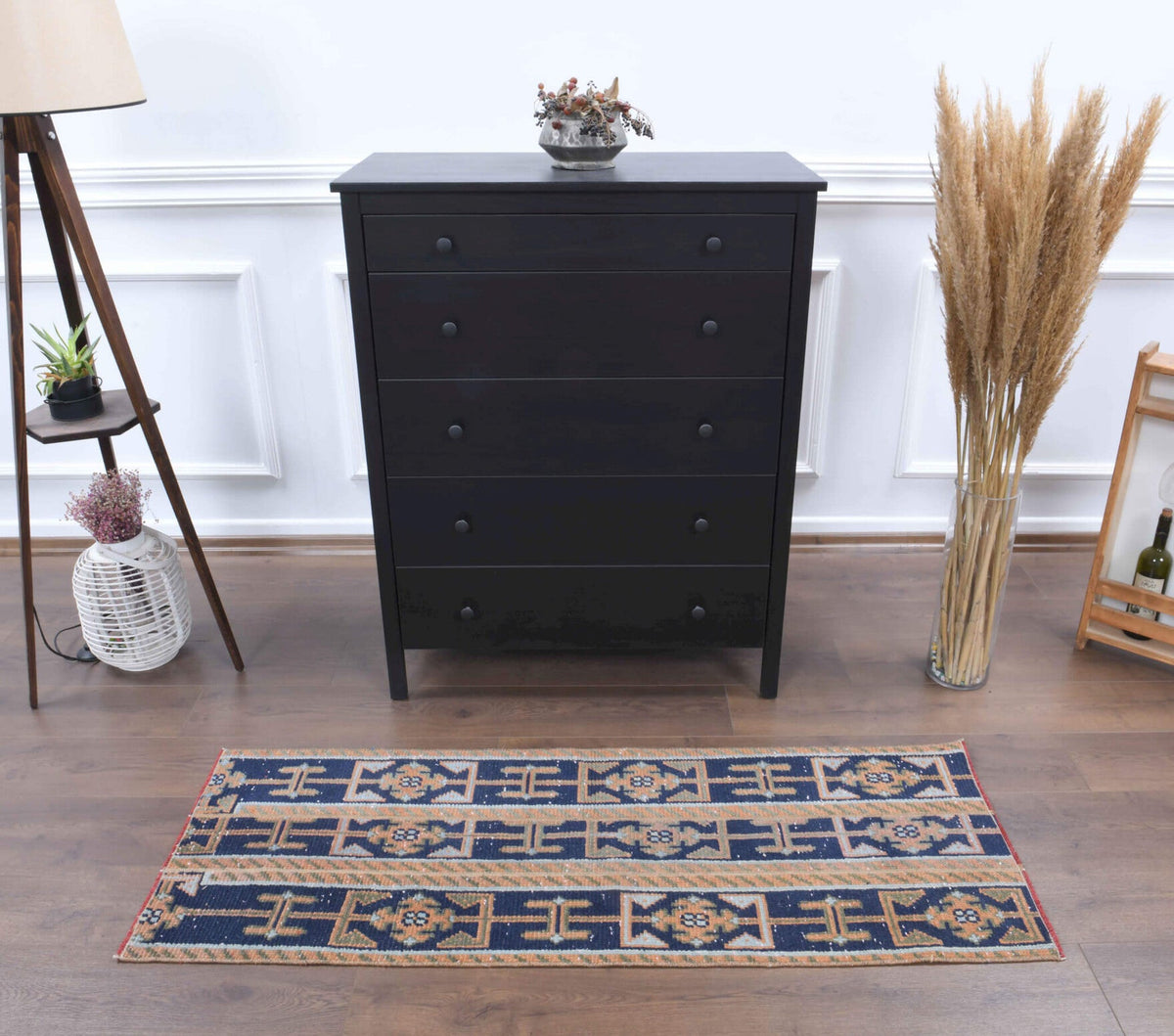 El yapımı vintage yolluk 56x157 cm oryantal desenli yün - detay görünümü