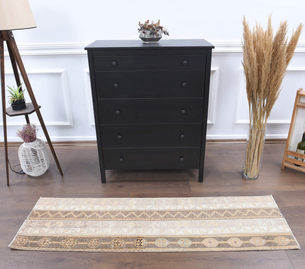 El yapımı vintage yolluk 51x183 cm i̇kat desenli yün - yakın çekim doku detayı