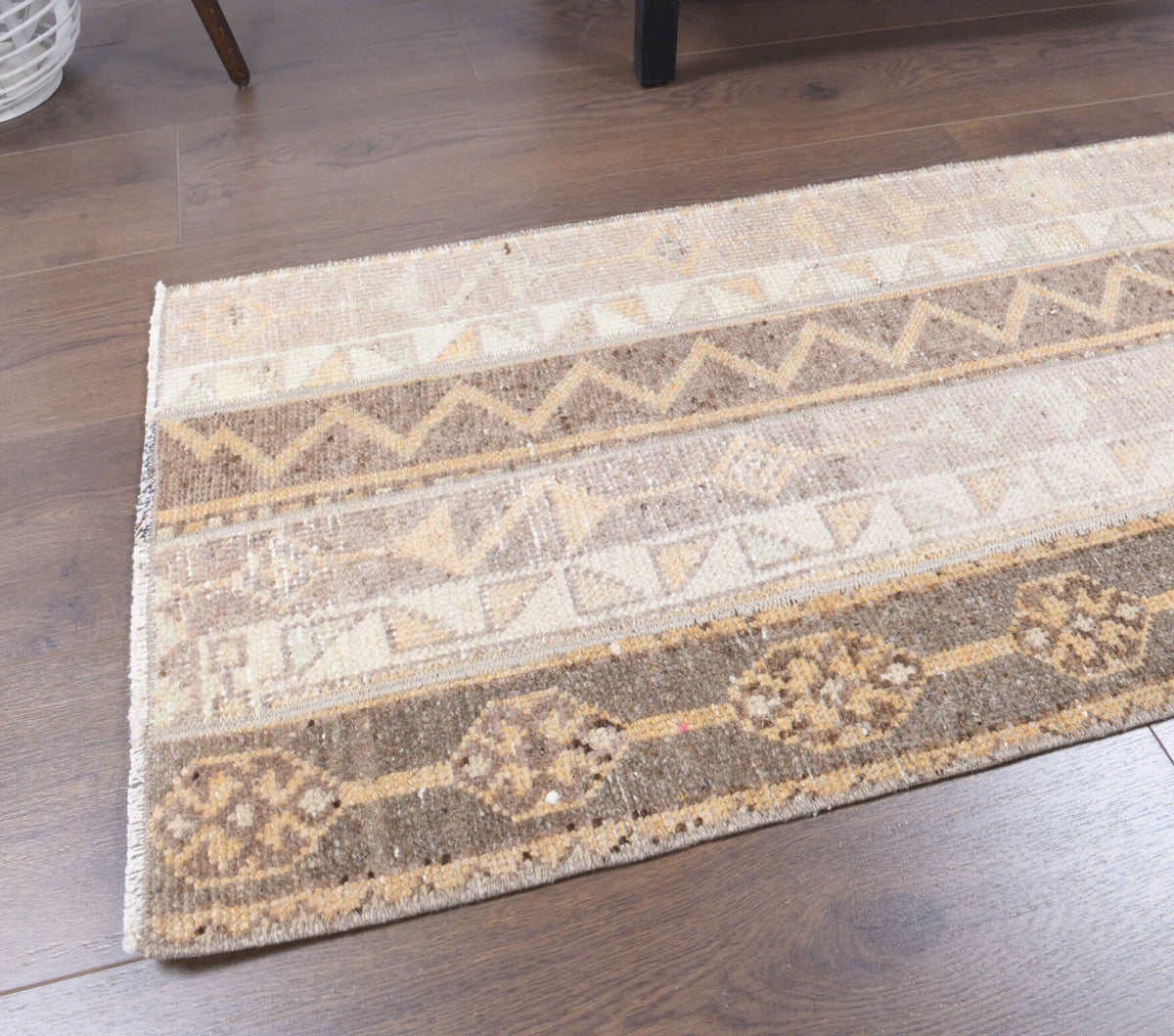 El yapımı vintage yolluk 51x183 cm i̇kat desenli yün - kenar ve saçak detayı