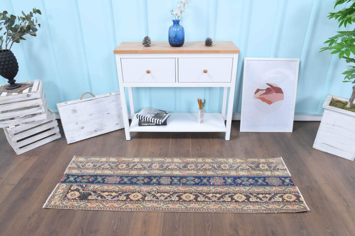 El yapımı vintage yolluk 56x180 cm oryantal desenli yün - yakın çekim doku detayı