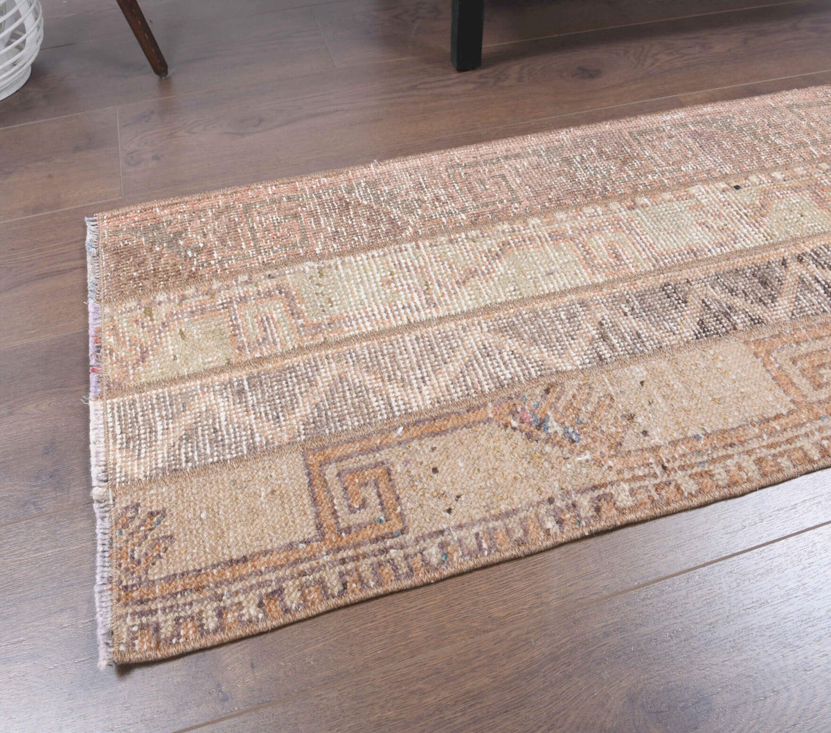 El yapımı vintage yolluk 48x180 cm i̇kat desenli yün - yakın çekim doku detayı