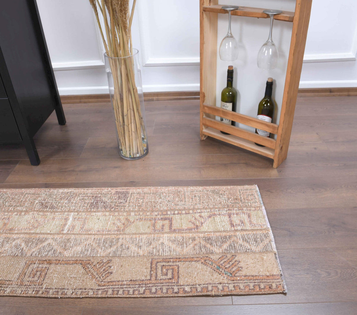 El yapımı vintage yolluk 48x180 cm i̇kat desenli yün - üstten görünüm