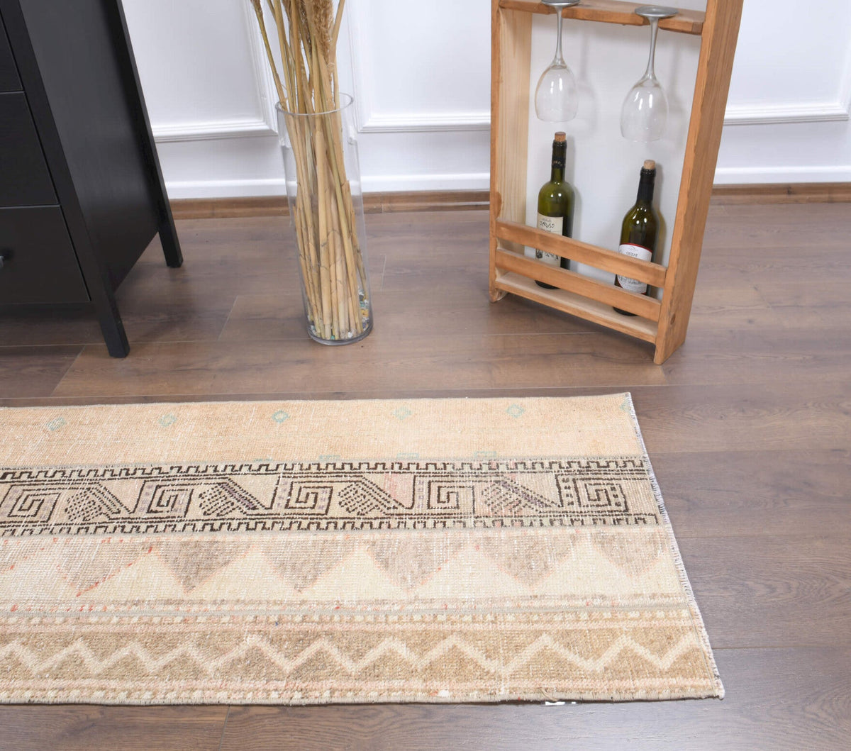 El yapımı vintage yolluk 61x183 cm i̇kat desenli yün - üstten görünüm