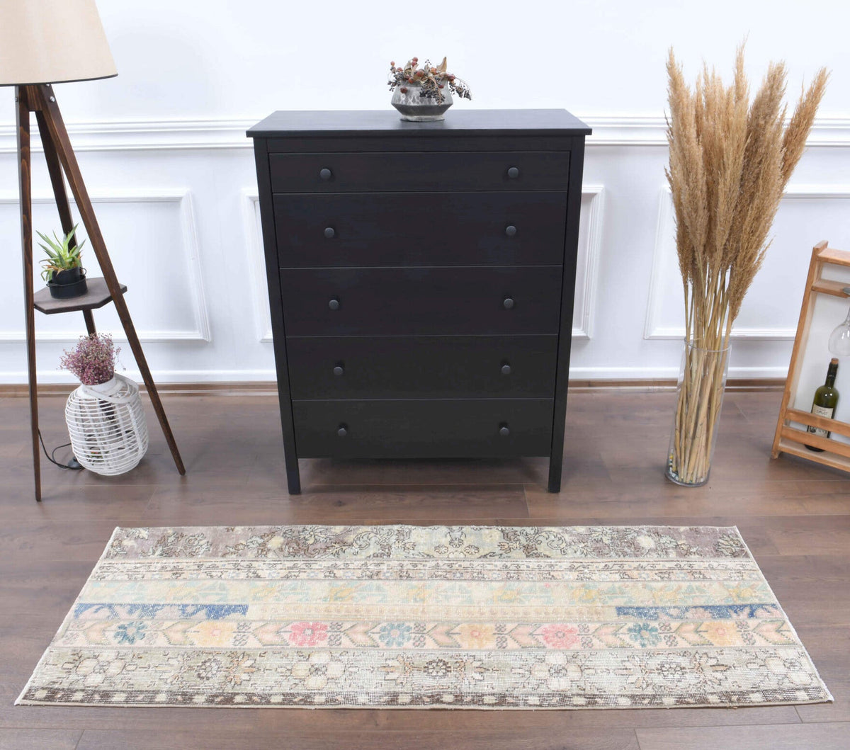 El yapımı vintage yolluk 66x185 cm oryantal desenli yün - detay görünümü