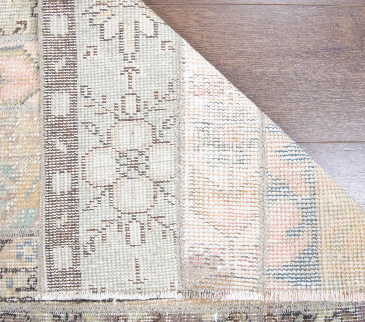 El yapımı vintage yolluk 66x185 cm oryantal desenli yün - kenar ve saçak detayı