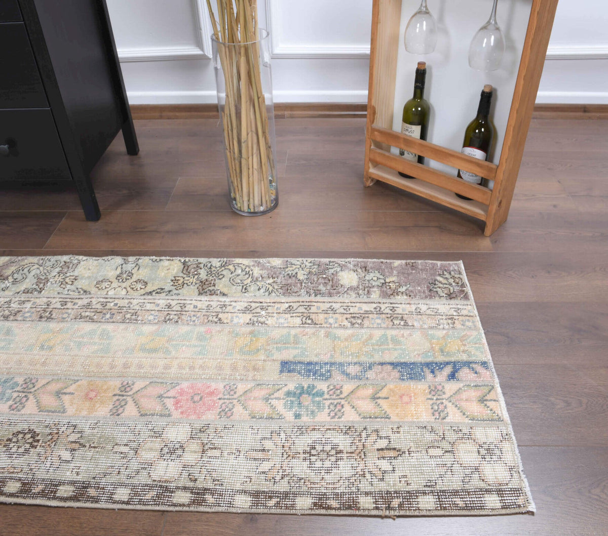 El yapımı vintage yolluk 66x185 cm oryantal desenli yün - üstten görünüm