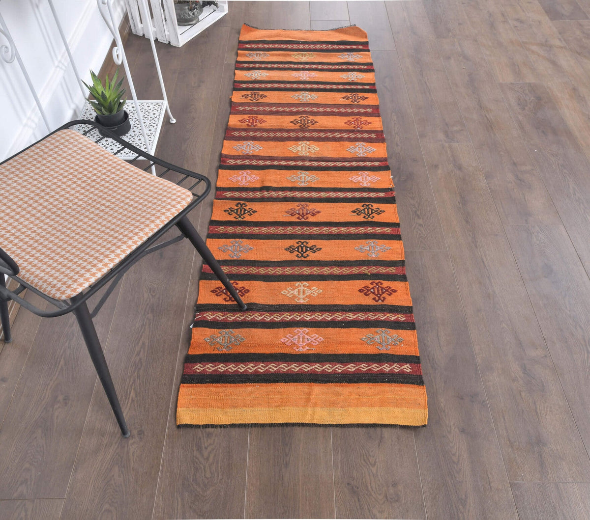 El yapımı vintage yolluk 61x193 cm çizgili desenli yün - kenar ve saçak detayı
