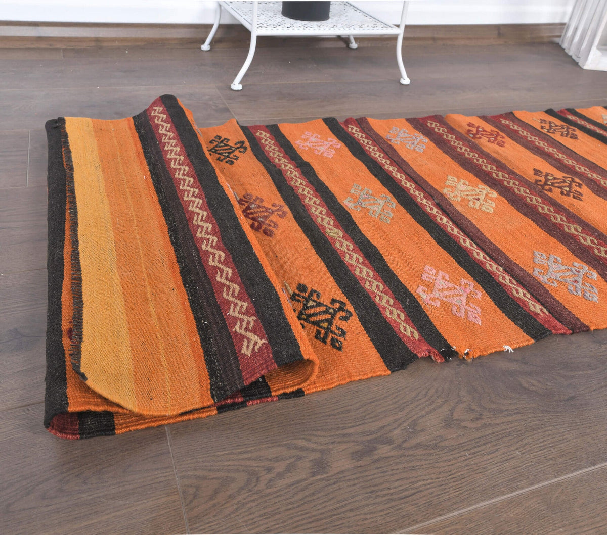 El yapımı vintage yolluk 61x193 cm çizgili desenli yün - üstten görünüm