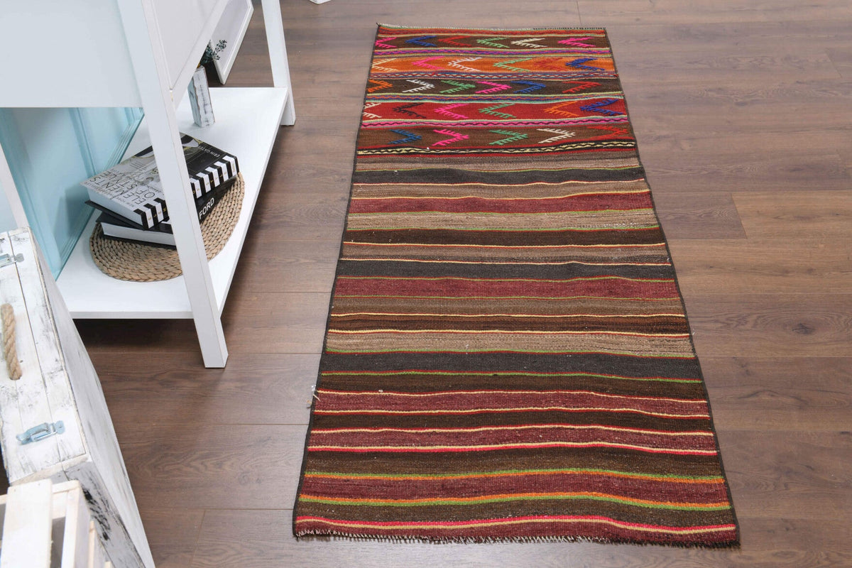 El yapımı vintage yolluk 74x196 cm çizgili desenli yün - üstten görünüm