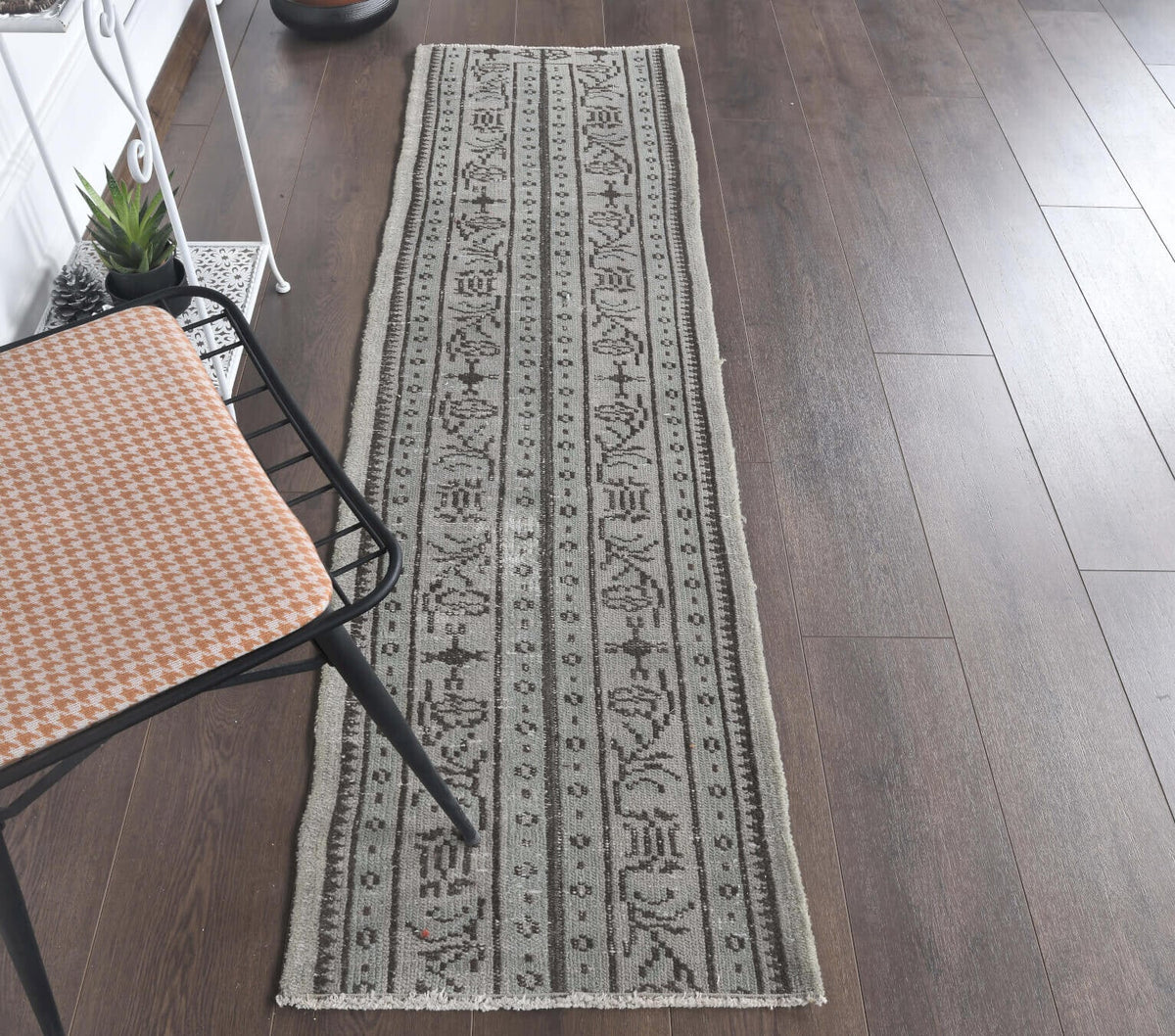 El yapımı vintage yolluk 56x188 cm çiçek desenli desenli yün - kenar ve saçak detayı